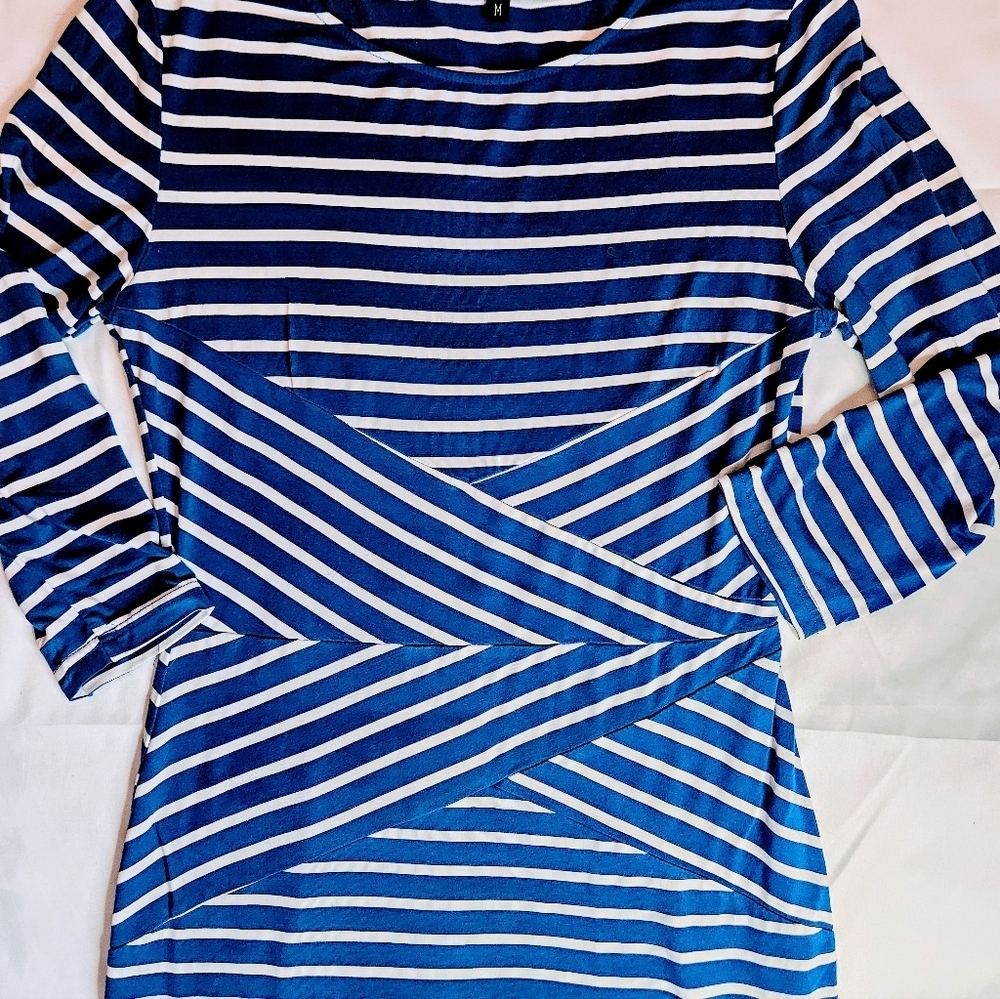 Rephyllis Womens Blue & White Striped Bodycon Dress With 3/4 Sleeves Size Medium - Picture 3 of 9